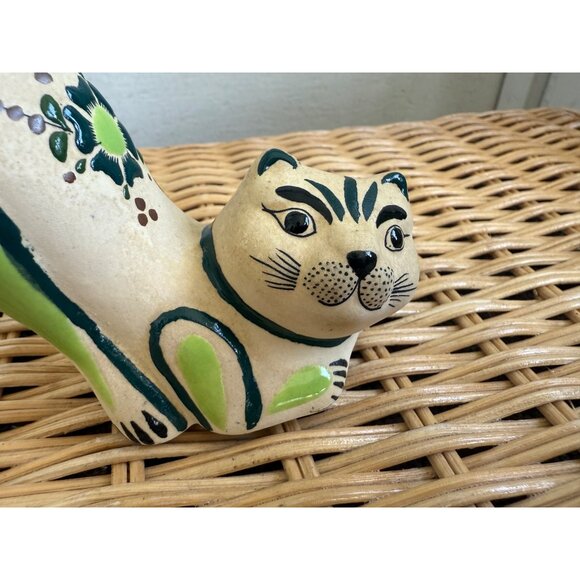 Vintage MCM Tonala Mexican Art Pottery Stretching Cat Kitty Hand Painted Floral - Picture 4 of 12